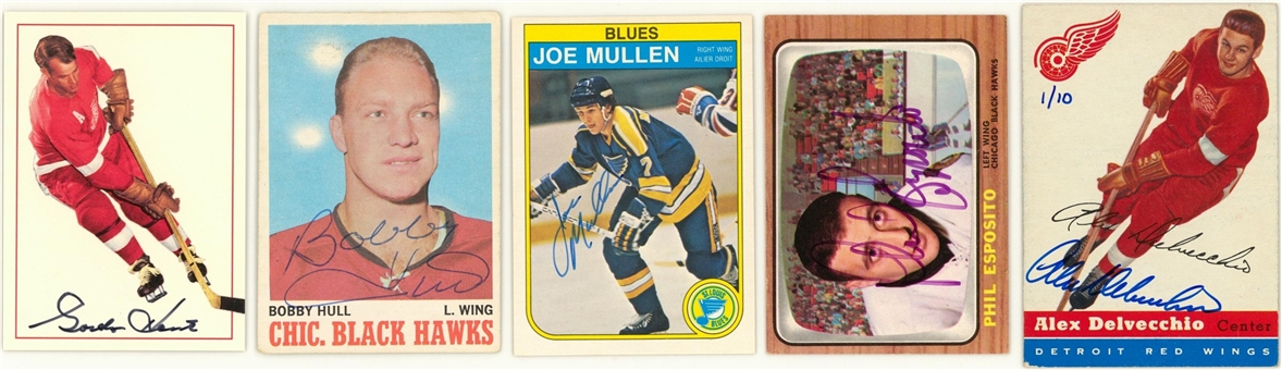 Hockey Hall of Famers Signed Cards Collection (5 Different) Including Delvecchio, Esposito, Howe, Hull and Mullen (JSA)